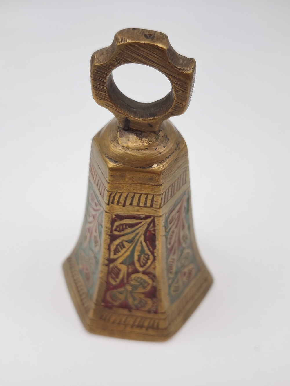 ​Vintage Etched Brass Bell Hand Painted Enamel Floral Design 3.25" Indo-Persian